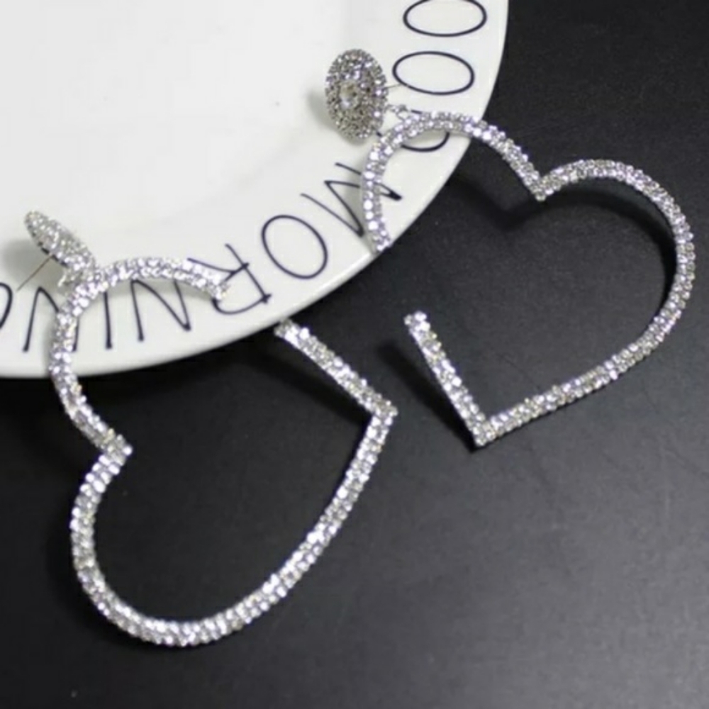 Dangle Silver Rhinestone Heart Earrings Bling Crystal Cute Big Statement Jewelry